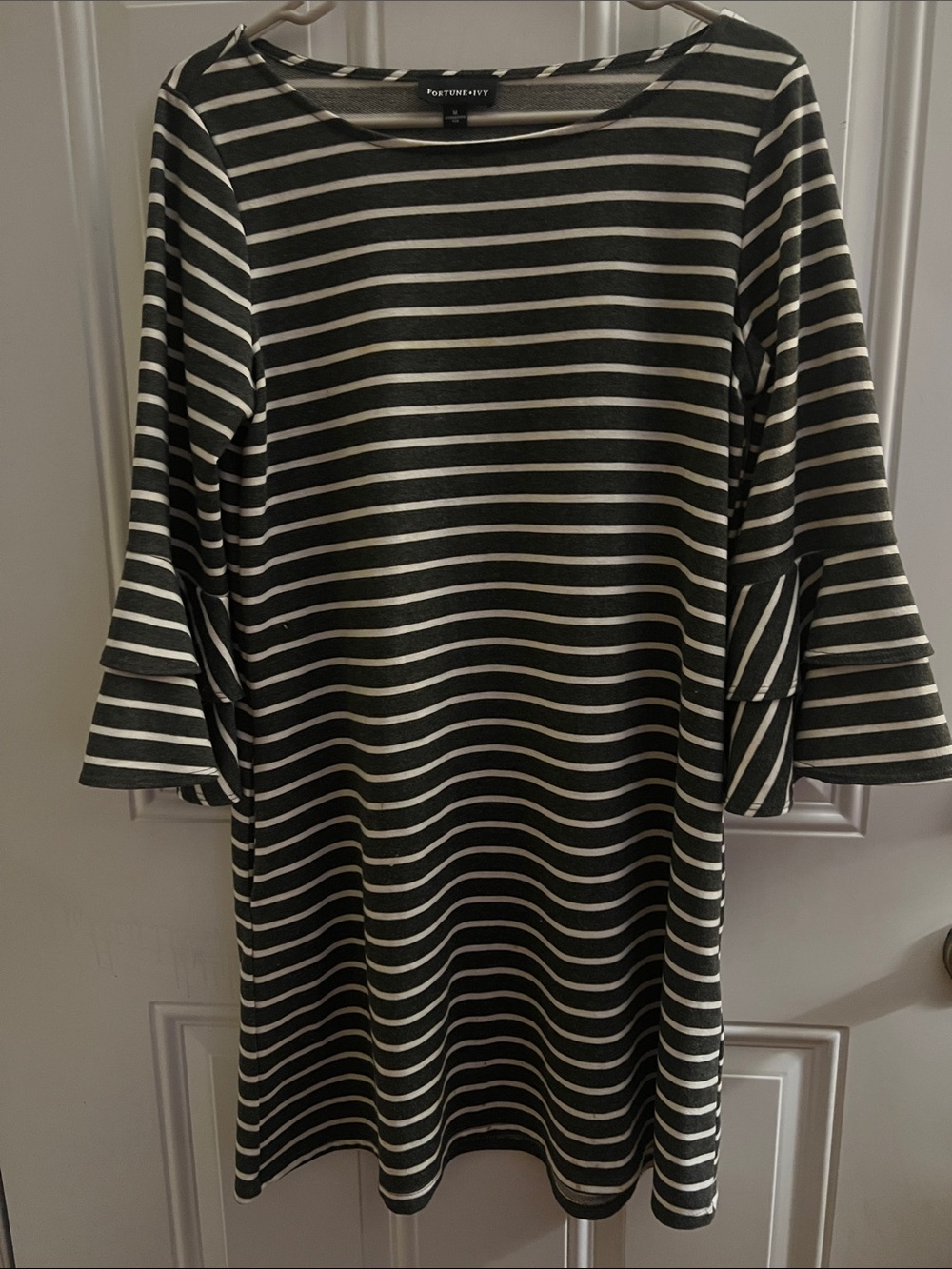Peruvian Connection Black and White Striped Bell-Sleeve Dress